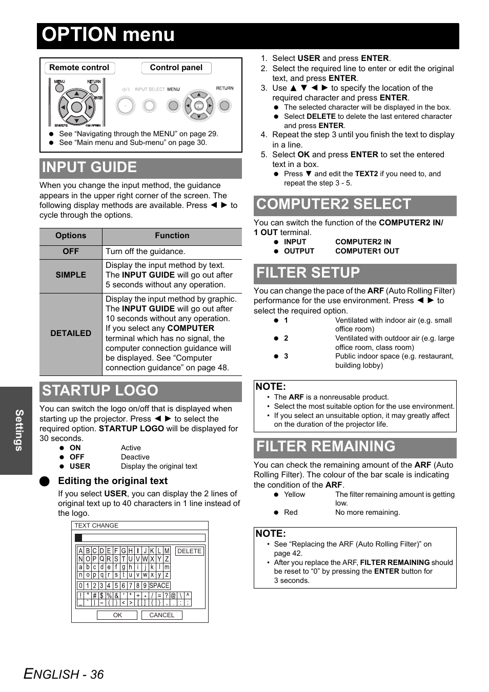 Option menu, Input guide, Startup logo | Computer2 select, Filter setup, Filter remaining, Computer2 select filter setup, Nglish - 36, Settings | Panasonic PT-F100E User Manual | Page 36 / 56