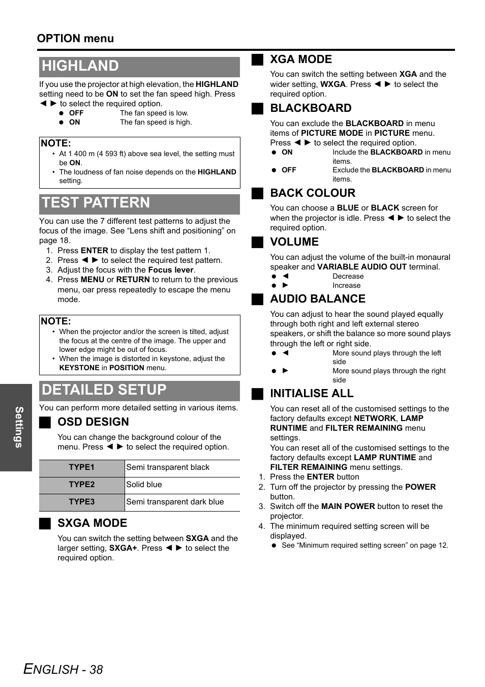 Highland, Test pattern, Detailed setup | Highland test pattern detailed setup, Nglish - 38, Option menu, Josd design, Jsxga mode, Jxga mode, Jblackboard | Panasonic PT-F100E User Manual | Page 38 / 56