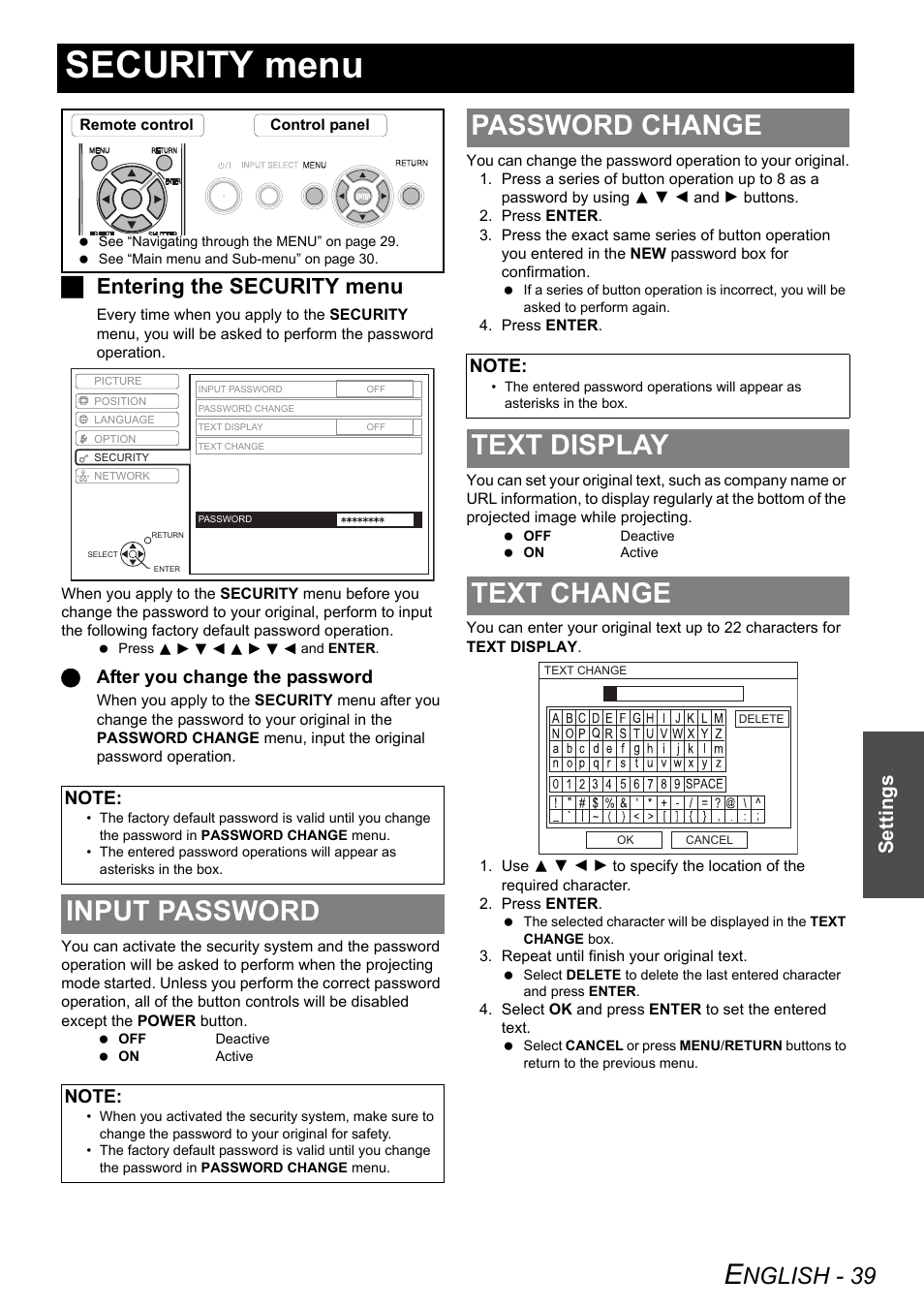 Security menu, Input password, Password change | Text display, Text change, Text display text change, Nglish - 39, Jentering the security menu, Settings, Qafter you change the password | Panasonic PT-F100E User Manual | Page 39 / 56