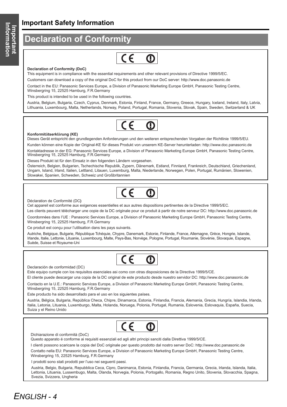 Declaration of conformity, Nglish - 4, Important safety information | Important information | Panasonic PT-F100E User Manual | Page 4 / 56