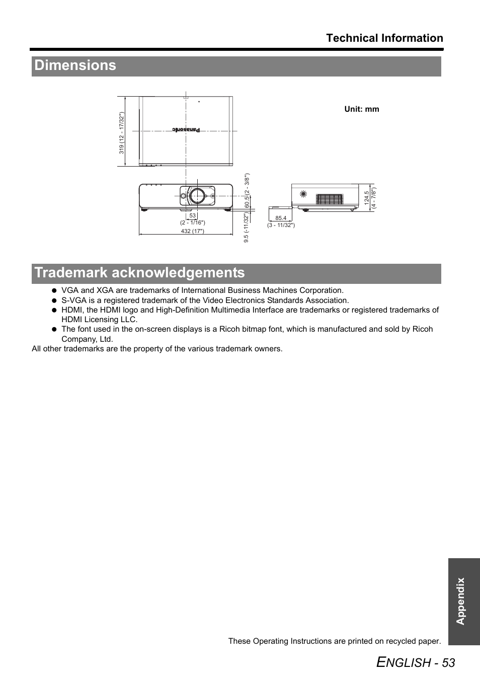 Dimensions, Trademark acknowledgements, Dimensions trademark acknowledgements | Nglish - 53, Technical information, Appendix | Panasonic PT-F100E User Manual | Page 53 / 56