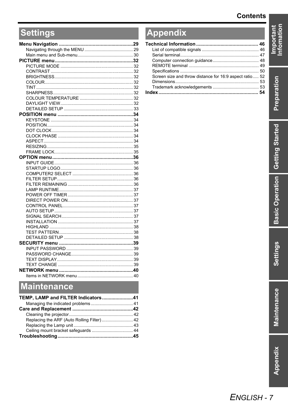 Panasonic PT-F100E User Manual | Page 7 / 56