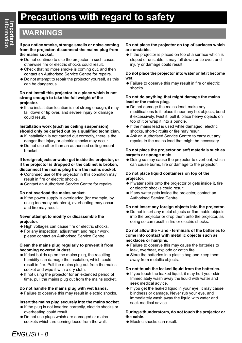 Precautions with regard to safety, Warnings, Nglish - 8 | Important information | Panasonic PT-F100E User Manual | Page 8 / 56
