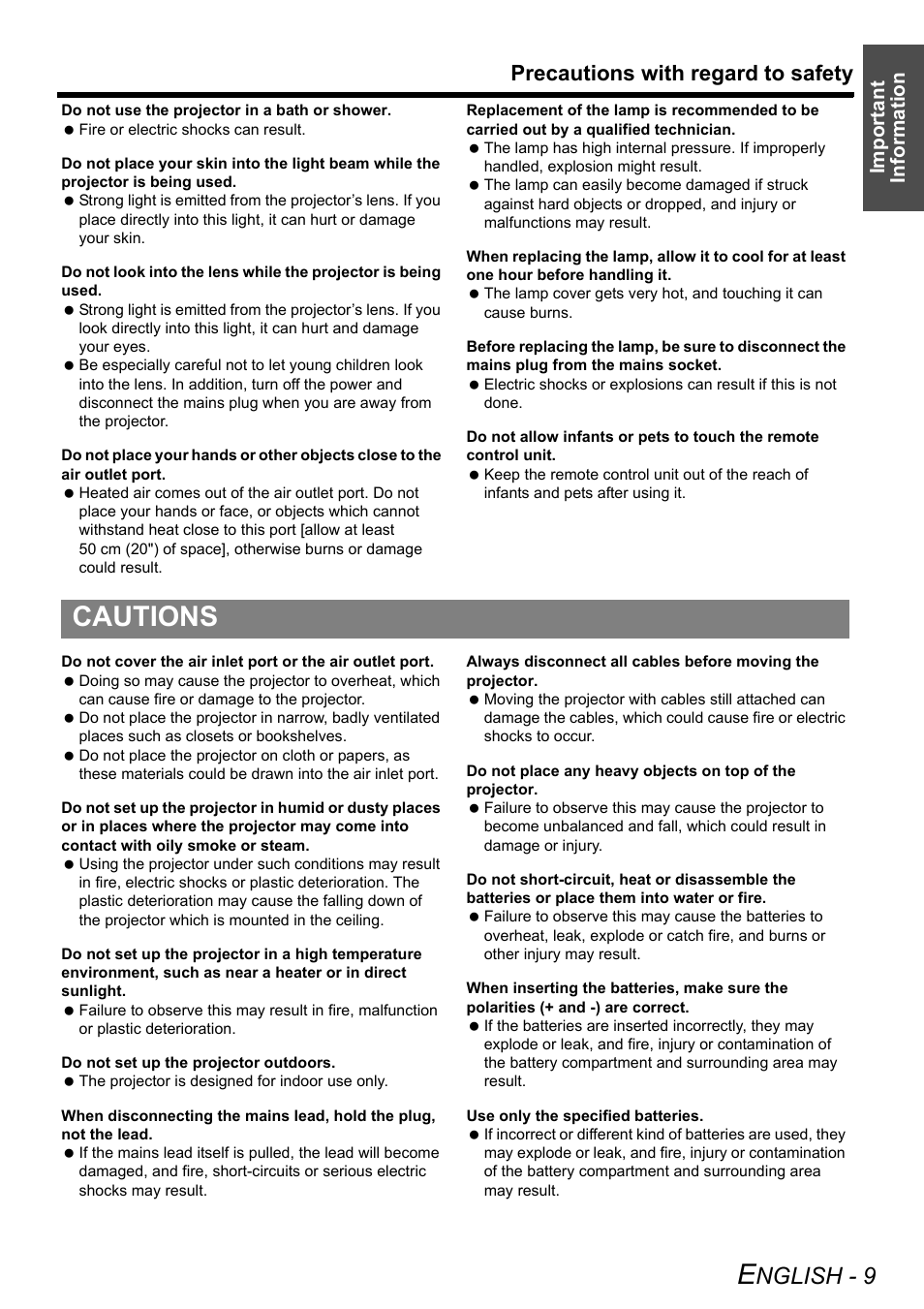 Cautions, Nglish - 9, Precautions with regard to safety | Important information | Panasonic PT-F100E User Manual | Page 9 / 56