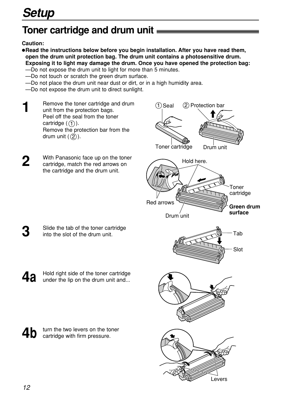 Setup, Toner cartridge and drum unit | Panasonic KX-FL501C User Manual | Page 12 / 82