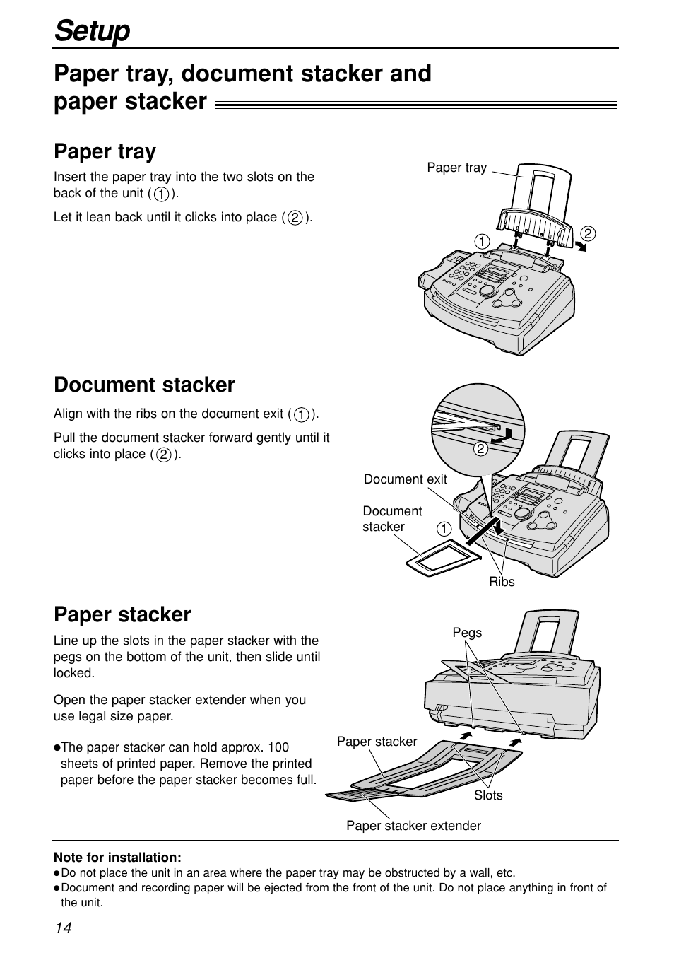 Setup, Paper tray, document stacker and paper stacker, Paper tray | Document stacker paper stacker | Panasonic KX-FL501C User Manual | Page 14 / 82