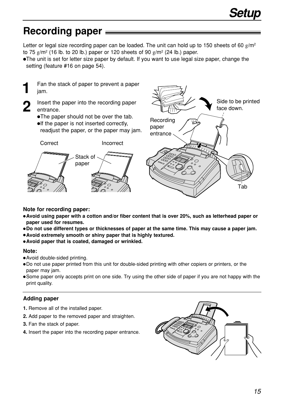 Setup, Recording paper | Panasonic KX-FL501C User Manual | Page 15 / 82