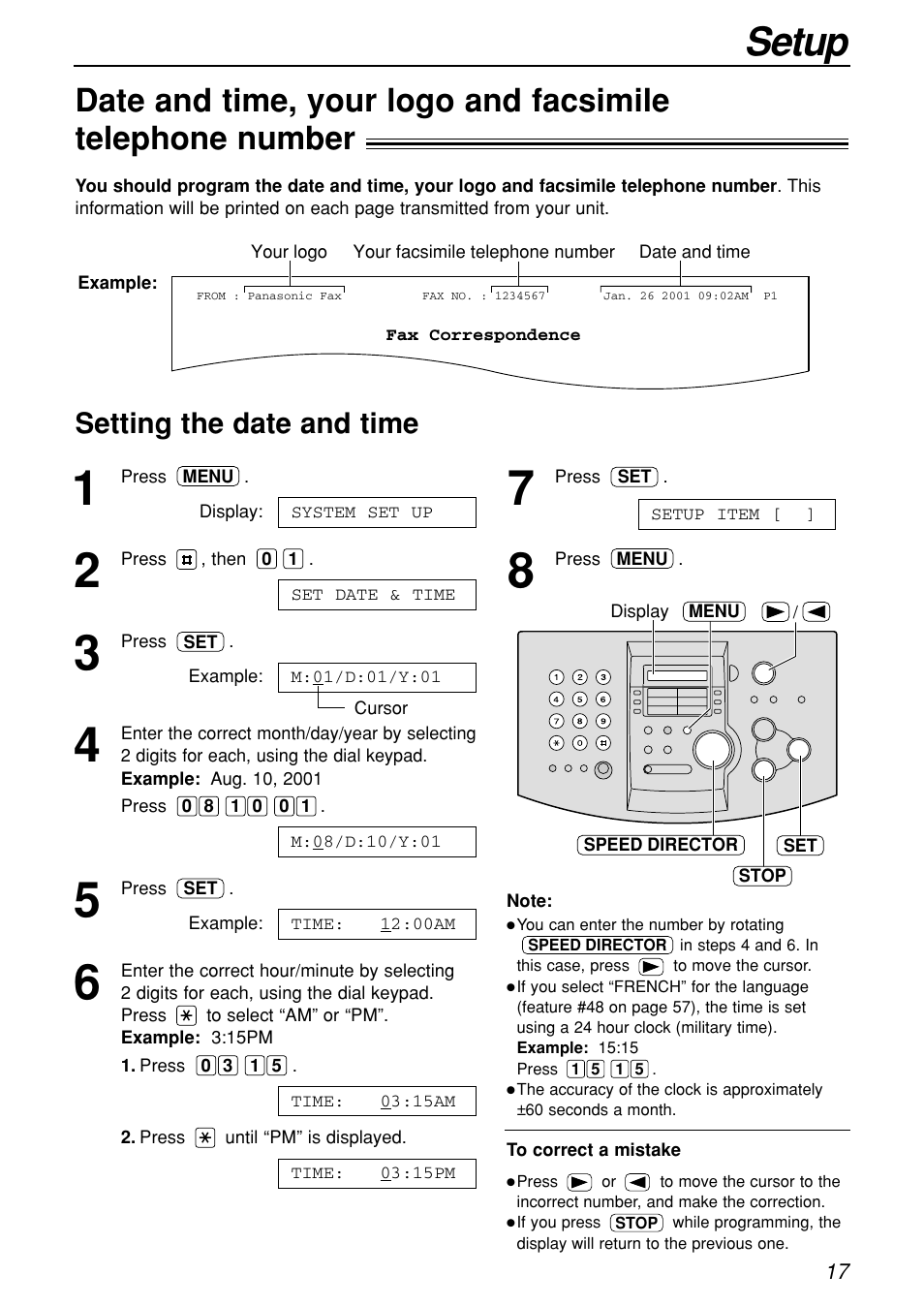 Setup, Setting the date and time | Panasonic KX-FL501C User Manual | Page 17 / 82