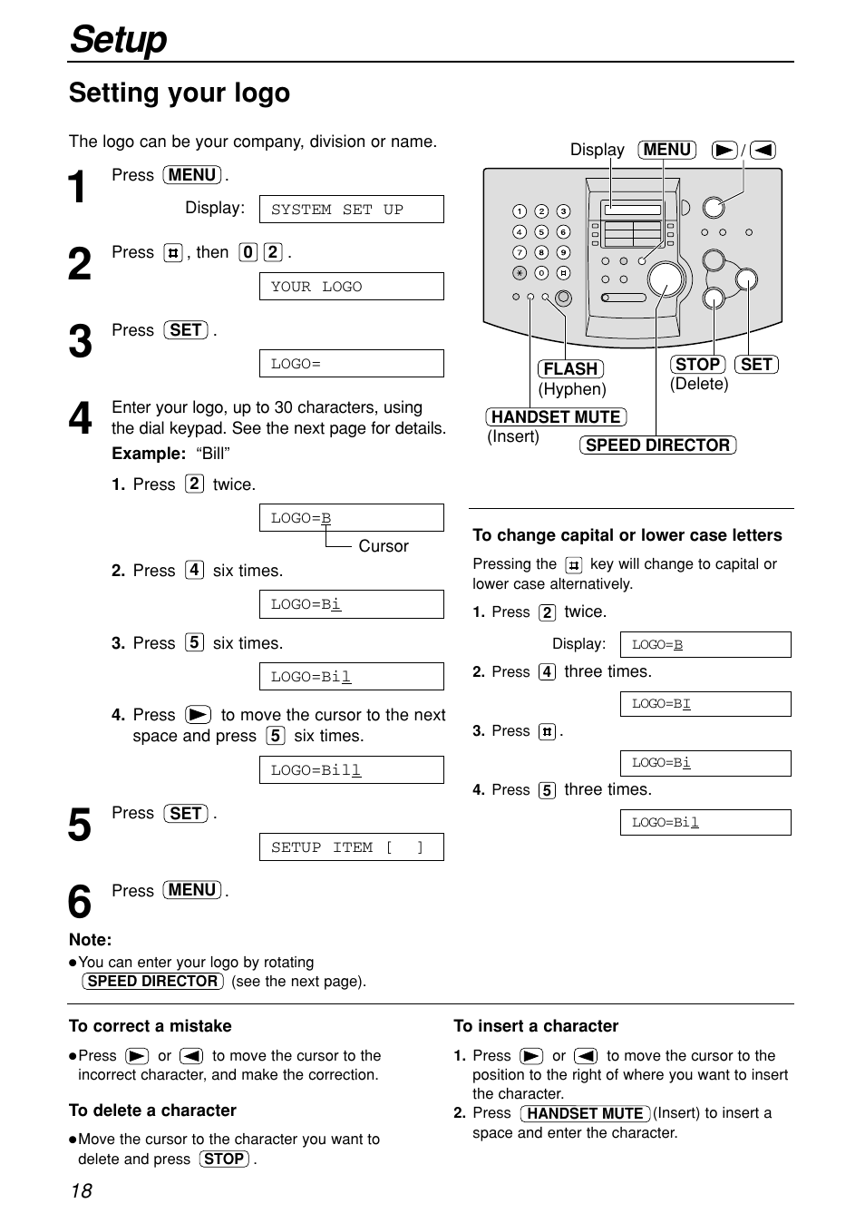 Setup, Setting your logo | Panasonic KX-FL501C User Manual | Page 18 / 82