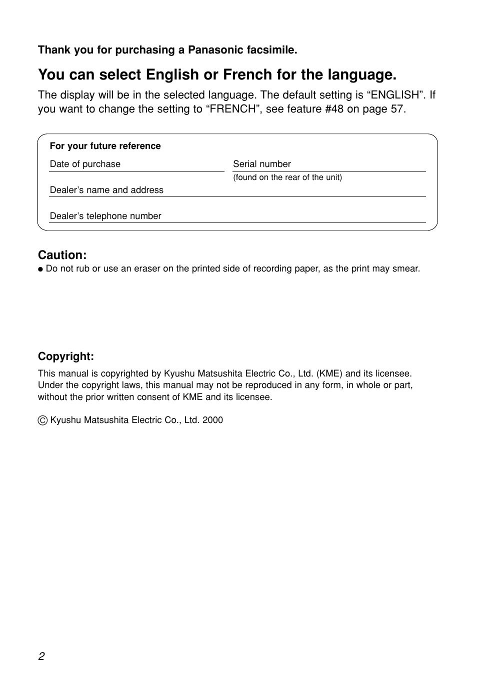 You can select english or french for the language, Caution | Panasonic KX-FL501C User Manual | Page 2 / 82