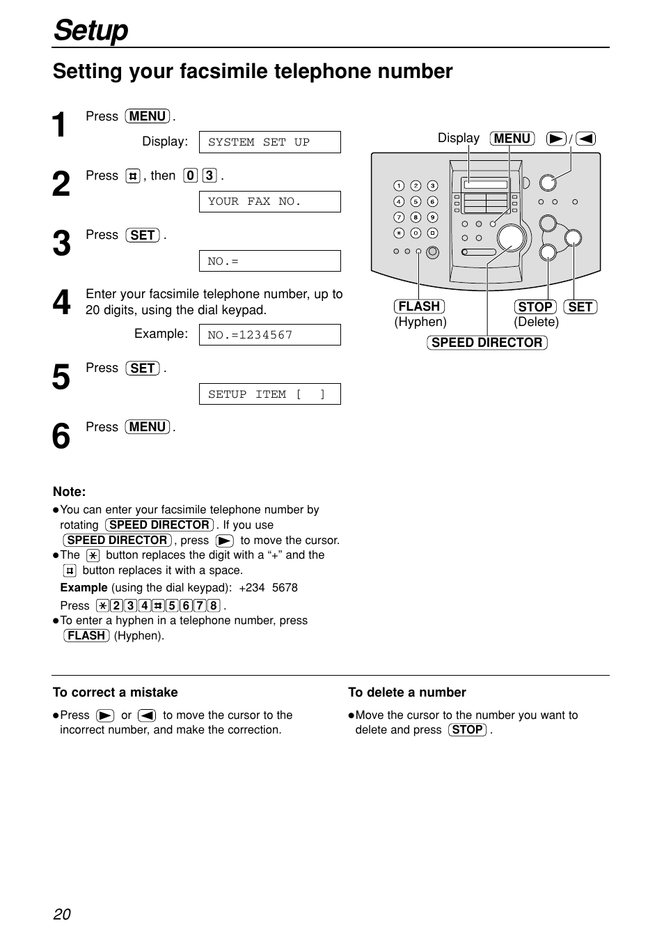 Setup, Setting your facsimile telephone number | Panasonic KX-FL501C User Manual | Page 20 / 82