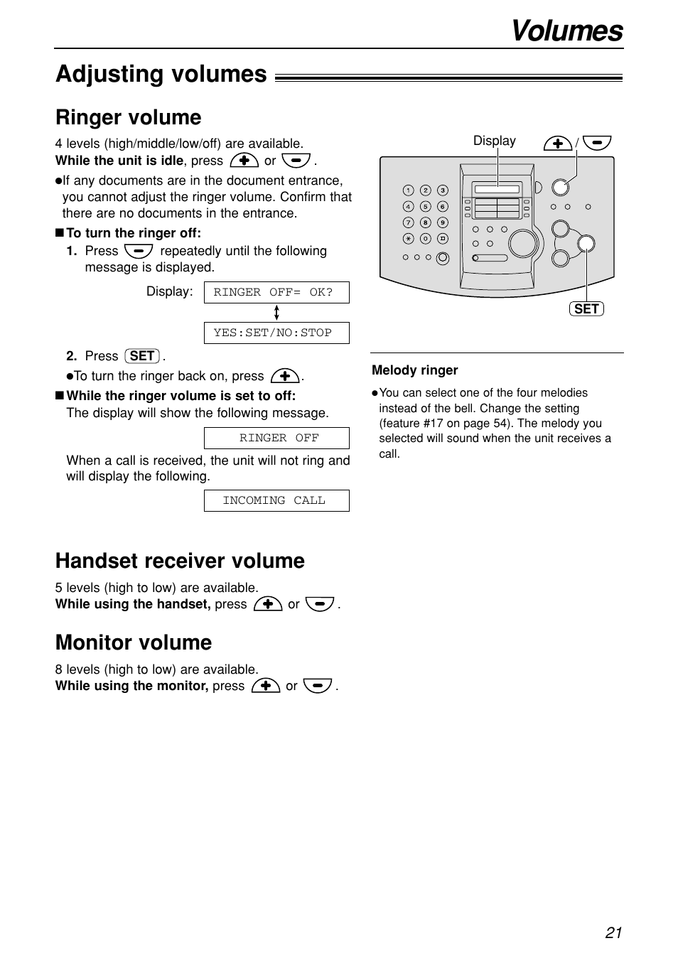 Volumes, Adjusting volumes, Ringer volume | Handset receiver volume, Monitor volume | Panasonic KX-FL501C User Manual | Page 21 / 82