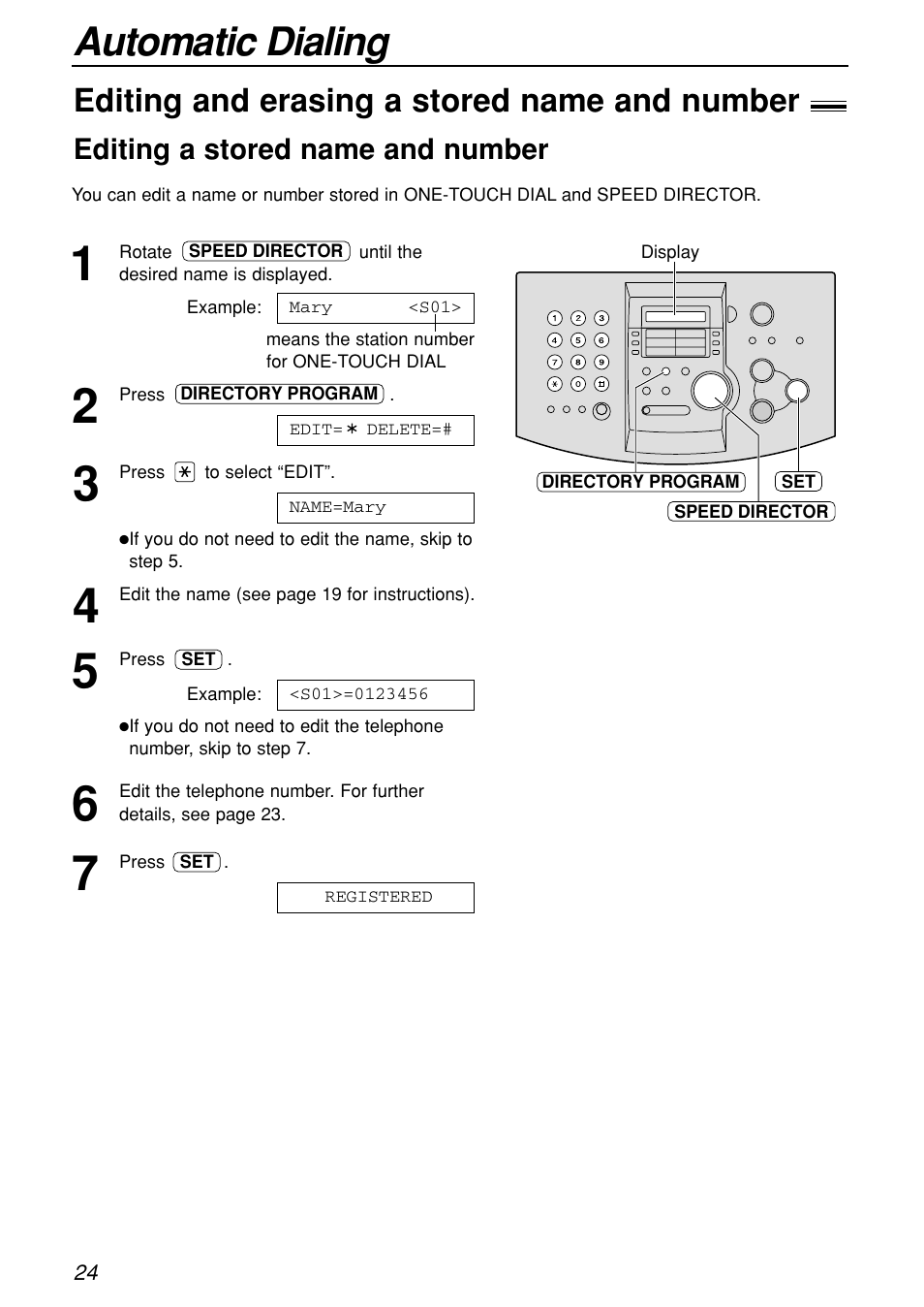 Automatic dialing, Editing and erasing a stored name and number, Editing a stored name and number | Panasonic KX-FL501C User Manual | Page 24 / 82