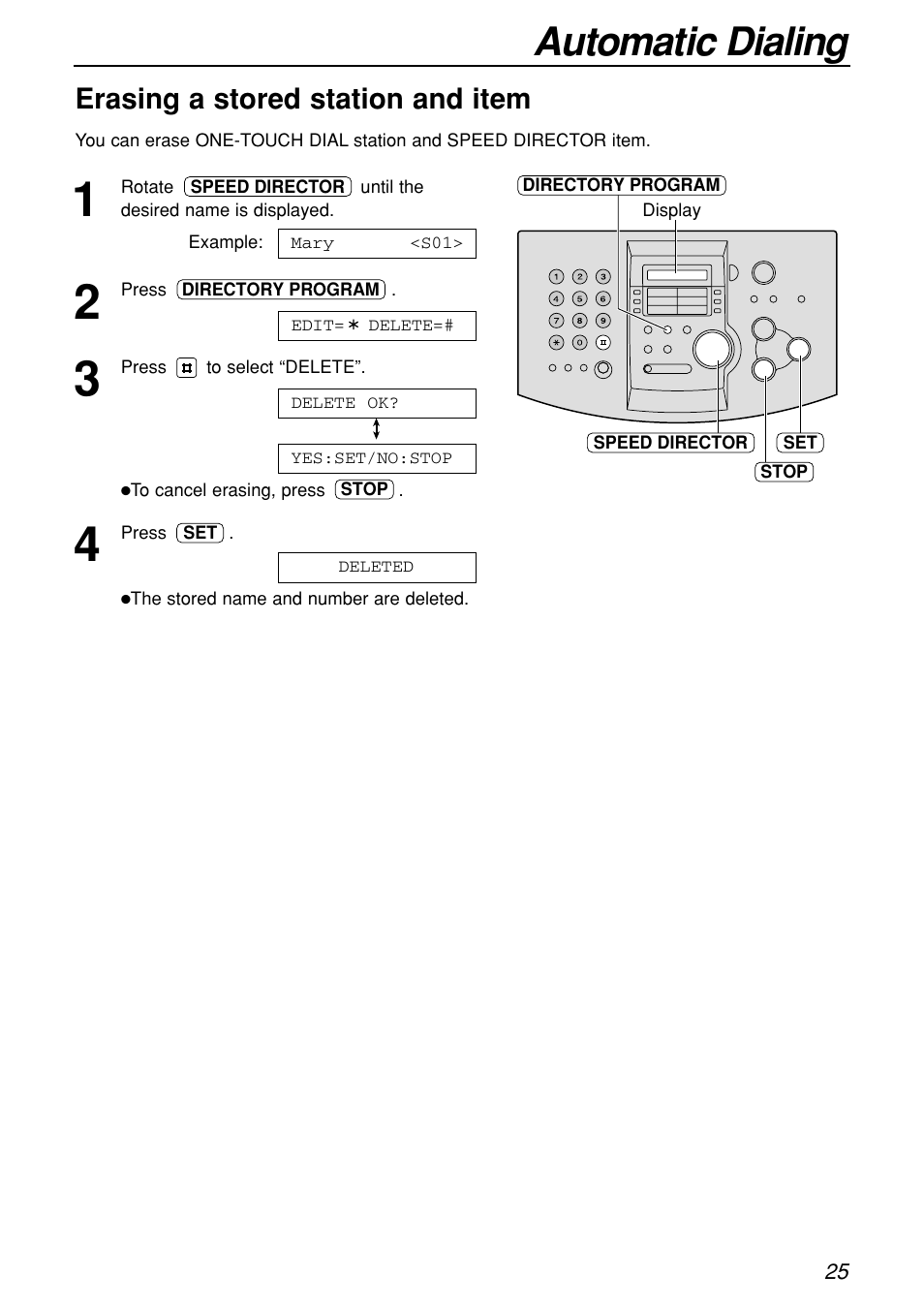 Automatic dialing, Erasing a stored station and item | Panasonic KX-FL501C User Manual | Page 25 / 82