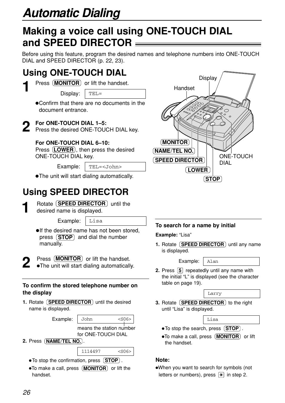 Automatic dialing, Using one-touch dial, Using speed director | Panasonic KX-FL501C User Manual | Page 26 / 82