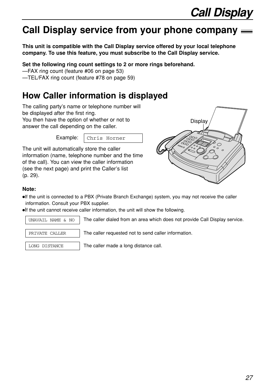 Call display, Call display service from your phone company, How caller information is displayed | Panasonic KX-FL501C User Manual | Page 27 / 82