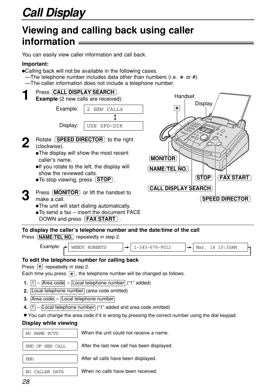 Call display, Viewing and calling back using caller information | Panasonic KX-FL501C User Manual | Page 28 / 82