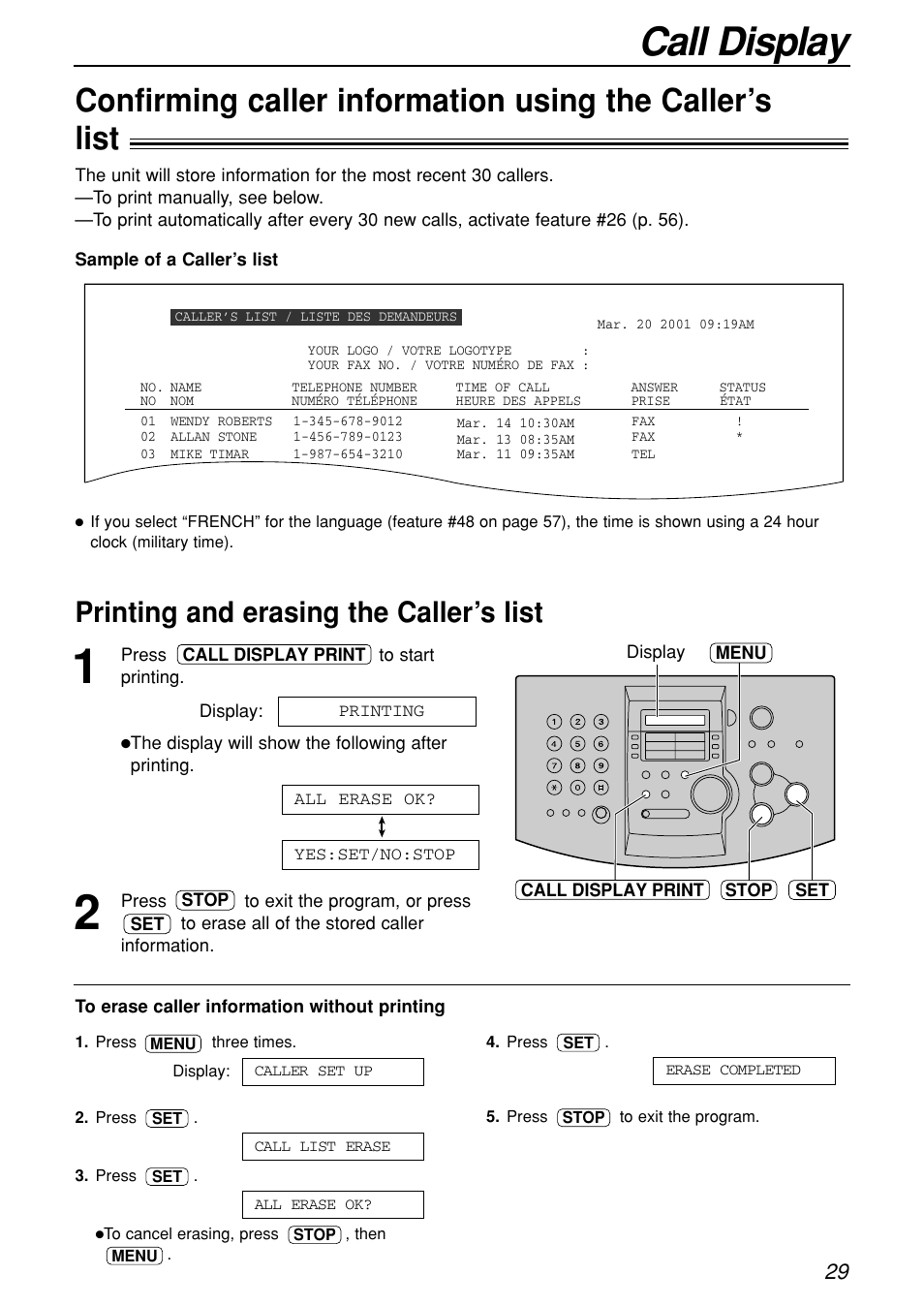 Call display, Printing and erasing the caller’s list | Panasonic KX-FL501C User Manual | Page 29 / 82