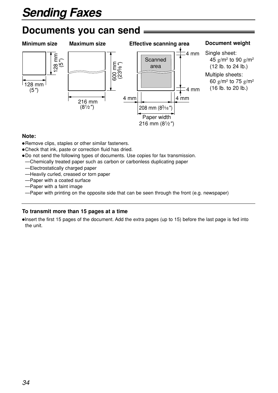 Sending faxes, Documents you can send | Panasonic KX-FL501C User Manual | Page 34 / 82