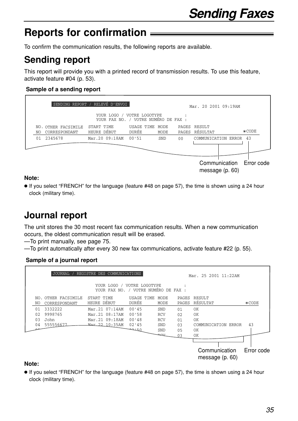 Sending faxes, Reports for confirmation, Sending report | Journal report | Panasonic KX-FL501C User Manual | Page 35 / 82