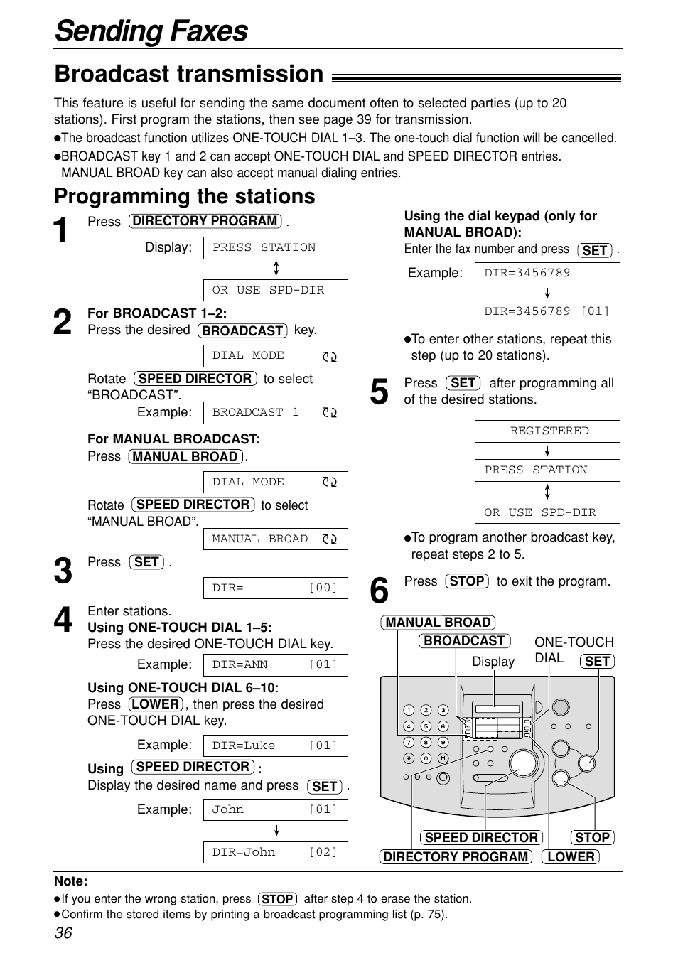 Sending faxes, Broadcast transmission, Programming the stations | Panasonic KX-FL501C User Manual | Page 36 / 82
