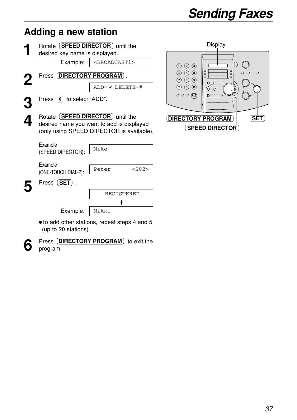 Sending faxes, Adding a new station | Panasonic KX-FL501C User Manual | Page 37 / 82