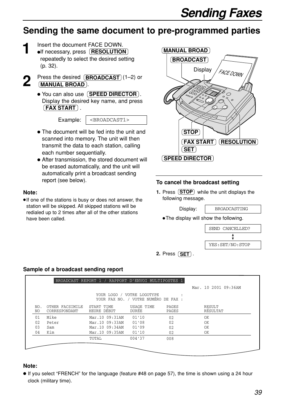 Sending faxes | Panasonic KX-FL501C User Manual | Page 39 / 82