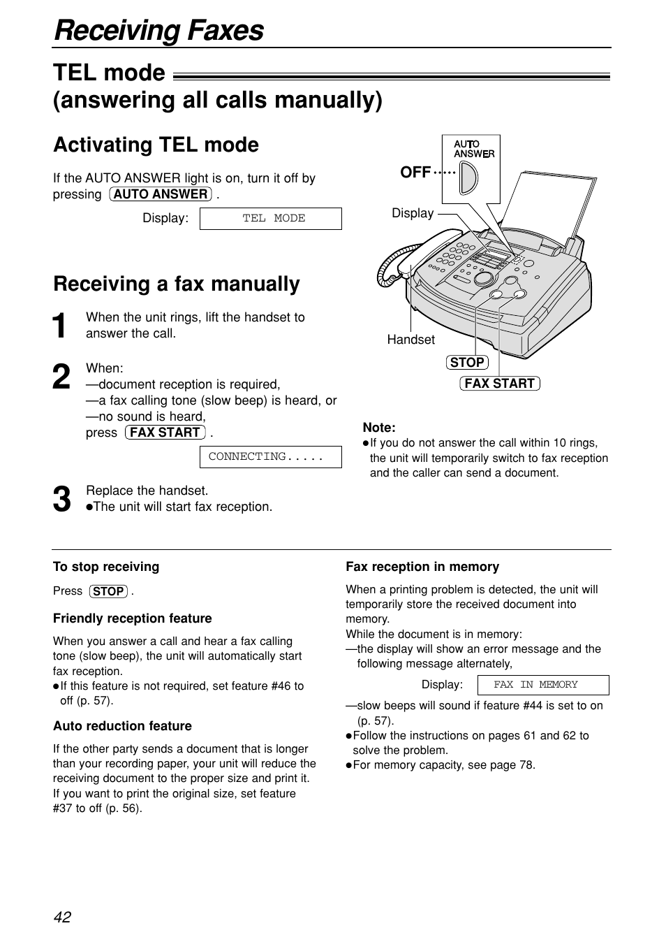 Receiving faxes, Tel mode ! (answering all calls manually), Activating tel mode receiving a fax manually | Panasonic KX-FL501C User Manual | Page 42 / 82