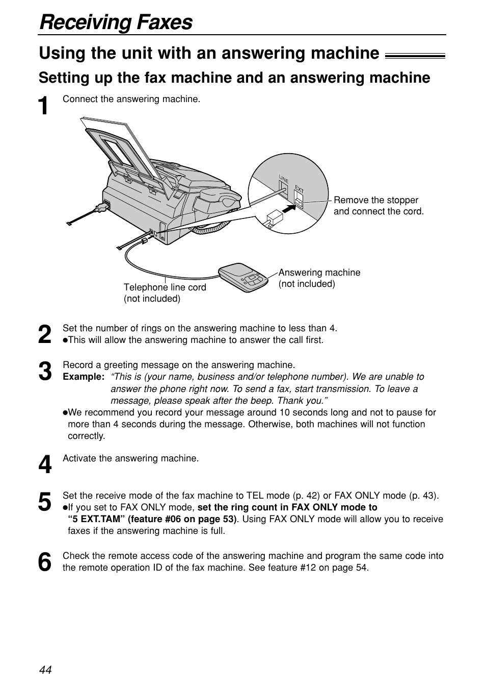 Receiving faxes, Using the unit with an answering machine | Panasonic KX-FL501C User Manual | Page 44 / 82