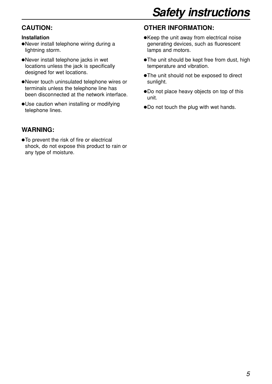 Safety instructions, Caution, Warning | Other information | Panasonic KX-FL501C User Manual | Page 5 / 82