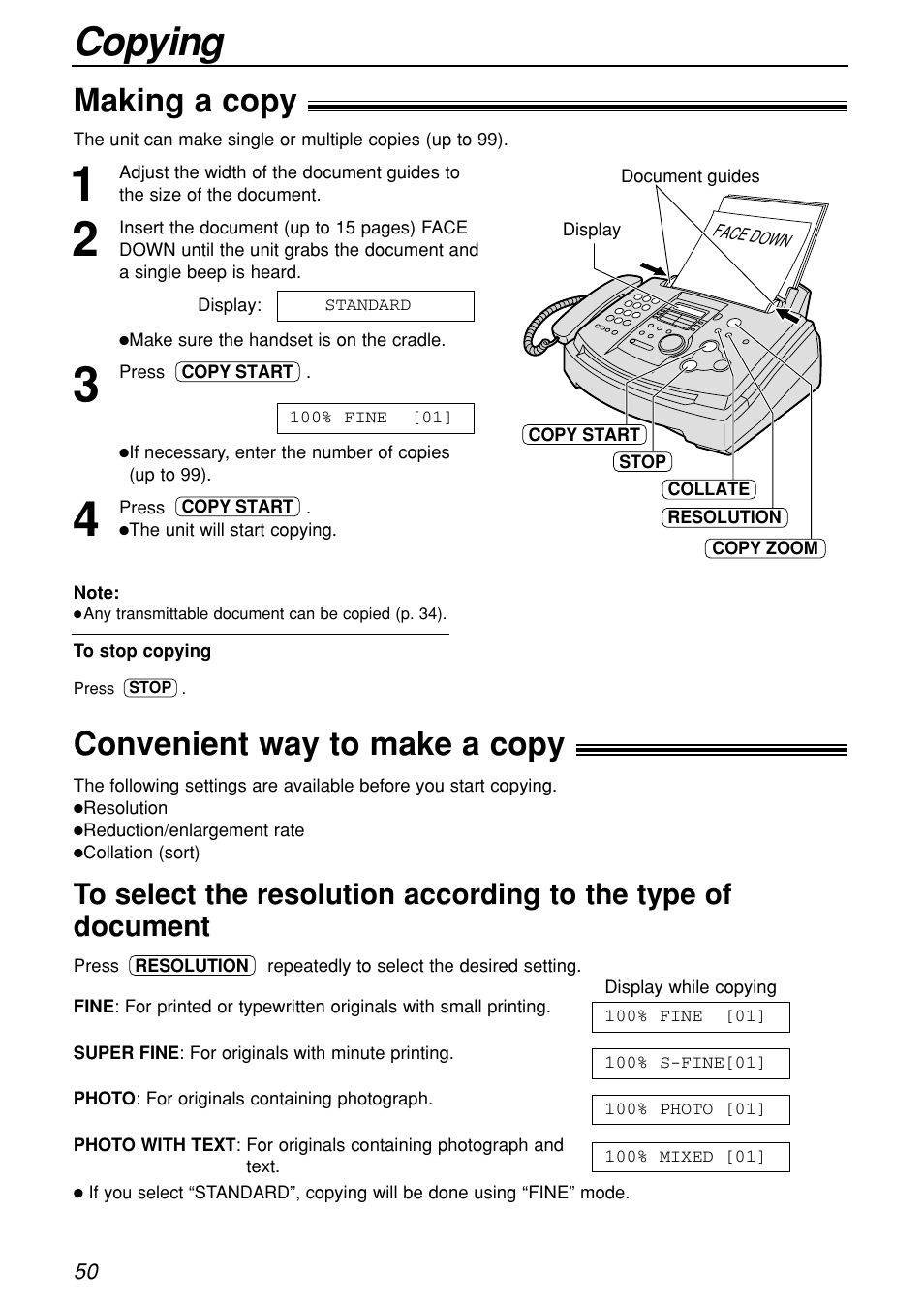 Copy, Copying, Making a copy ! convenient way to make a copy | Panasonic KX-FL501C User Manual | Page 50 / 82