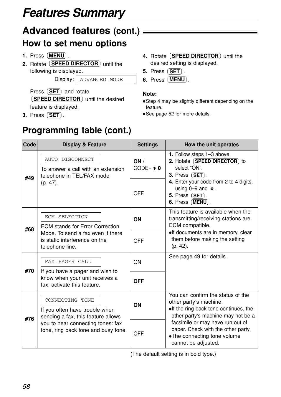 Features summary, Advanced features, Cont.) | How to set menu options programming table (cont.) | Panasonic KX-FL501C User Manual | Page 58 / 82