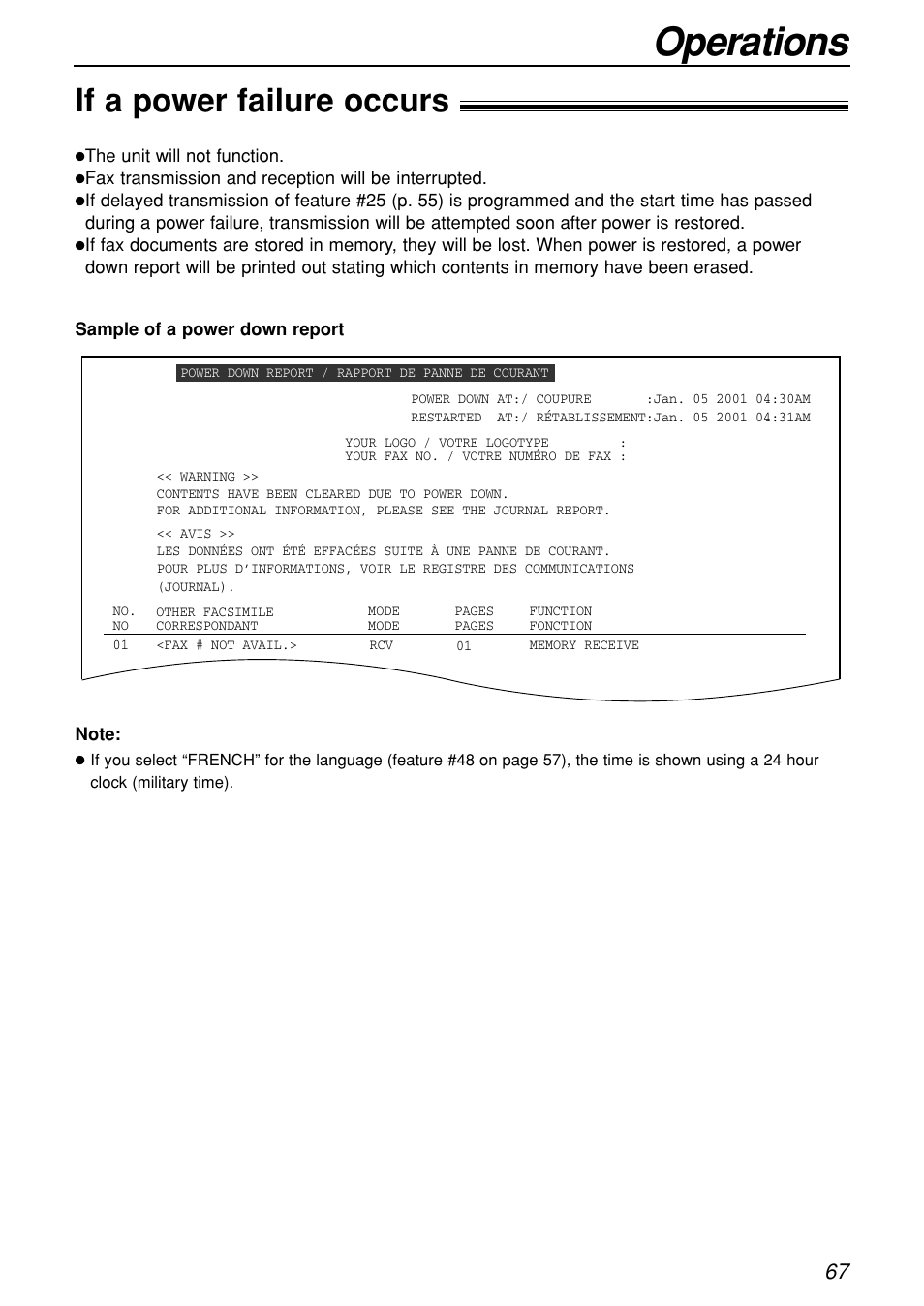 Operations, If a power failure occurs | Panasonic KX-FL501C User Manual | Page 67 / 82