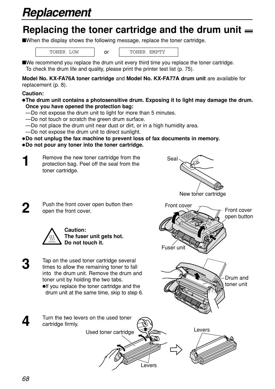 Replacement, Replacing the toner cartridge and the drum unit | Panasonic KX-FL501C User Manual | Page 68 / 82