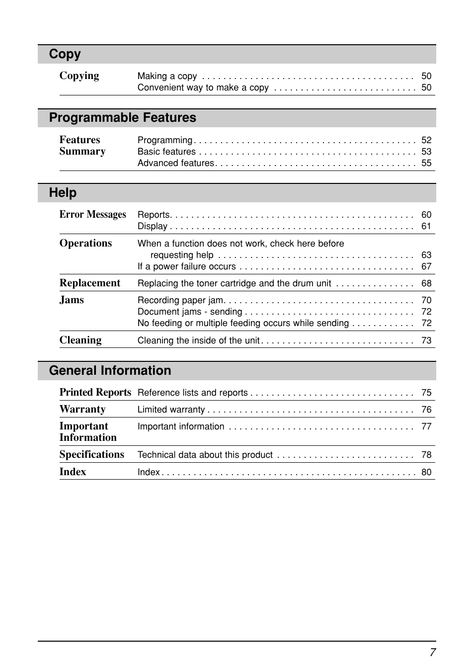 Help, General information, Copy | Programmable features | Panasonic KX-FL501C User Manual | Page 7 / 82
