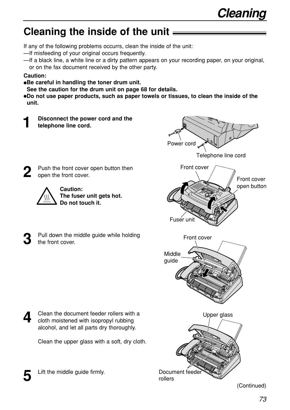 Cleaning, Cleaning the inside of the unit | Panasonic KX-FL501C User Manual | Page 73 / 82