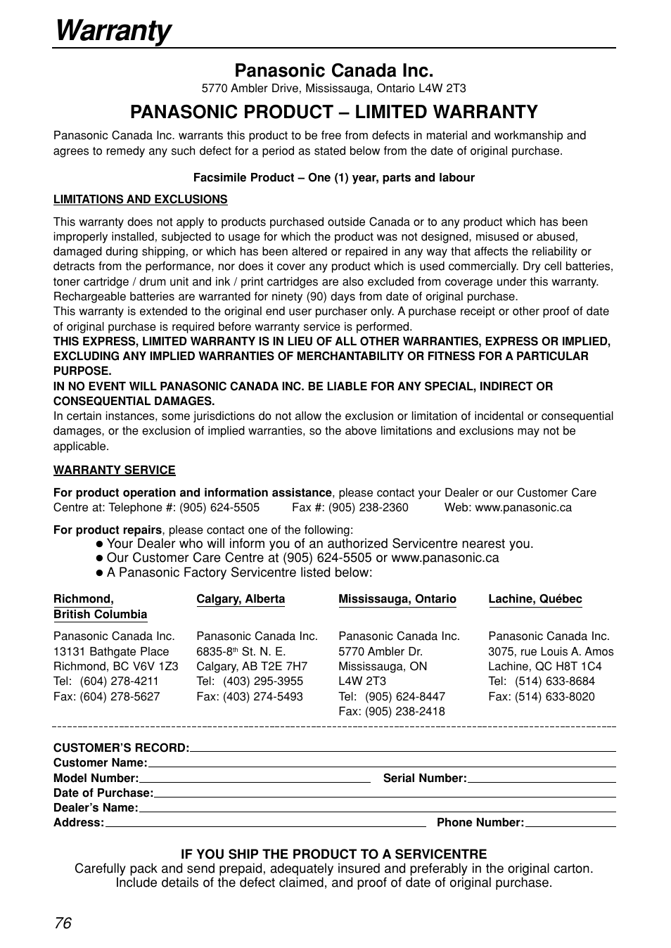 Warranty, Panasonic canada inc, Panasonic product – limited warranty | Panasonic KX-FL501C User Manual | Page 76 / 82