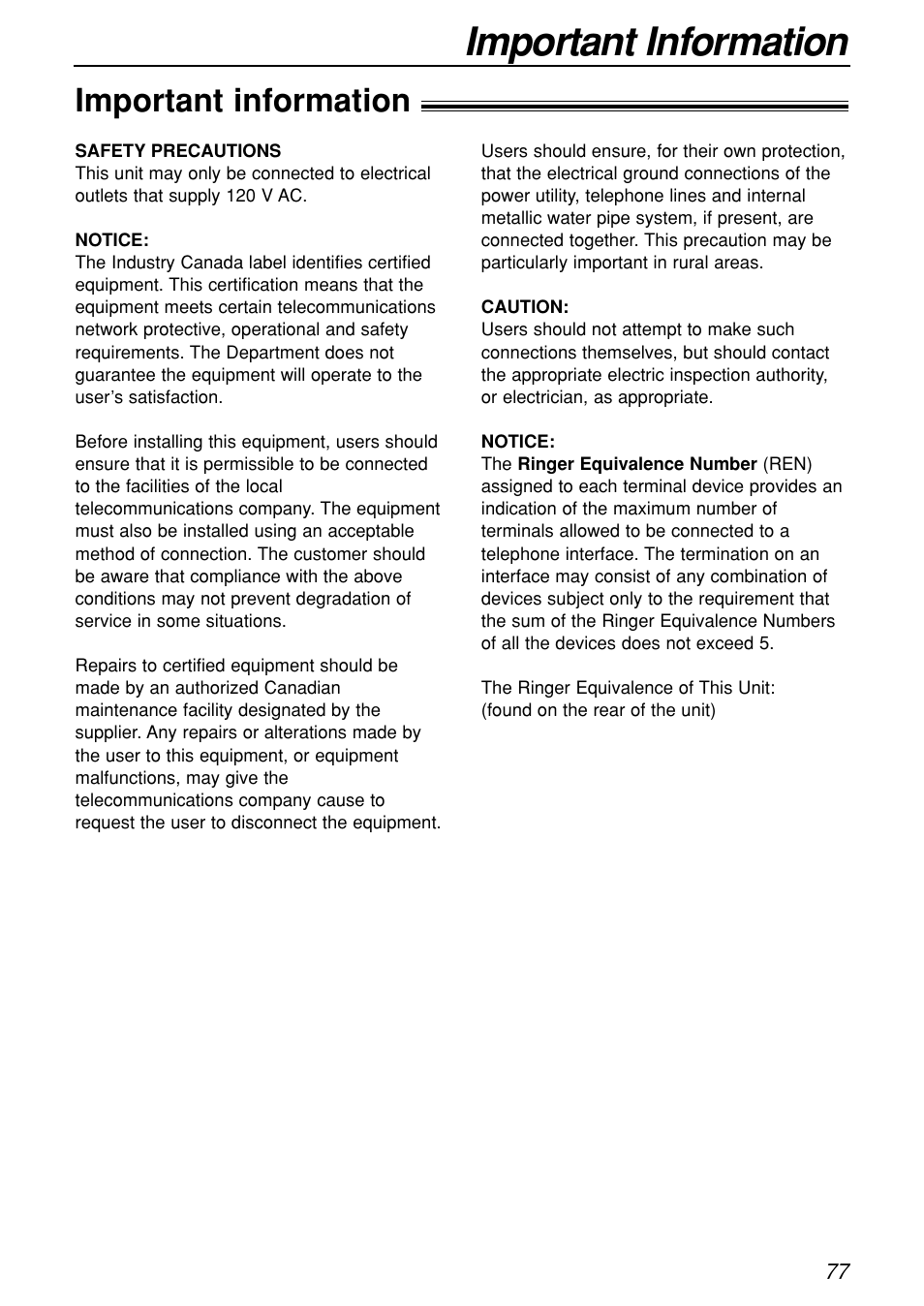 Important information | Panasonic KX-FL501C User Manual | Page 77 / 82