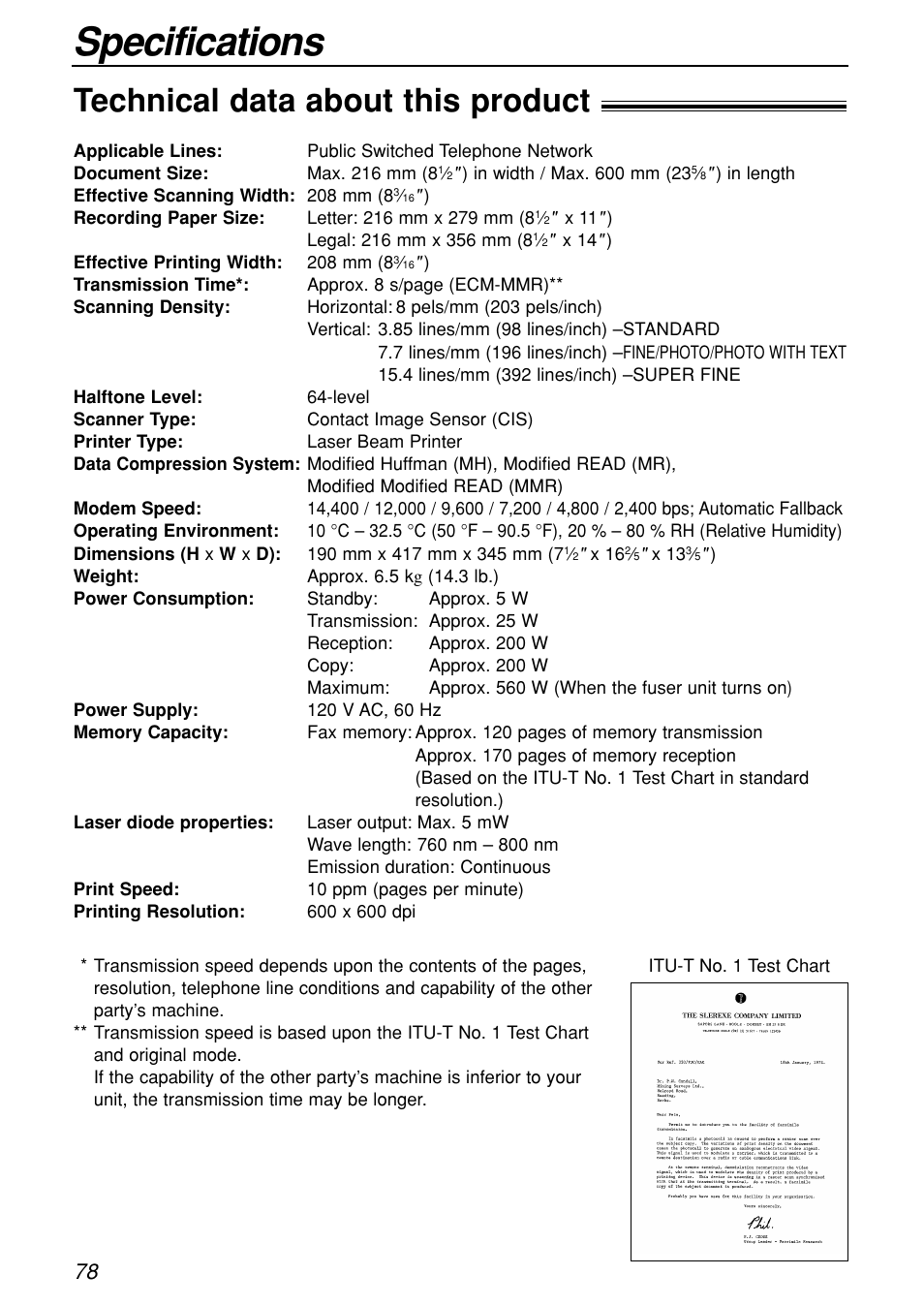 Specifications, Technical data about this product | Panasonic KX-FL501C User Manual | Page 78 / 82