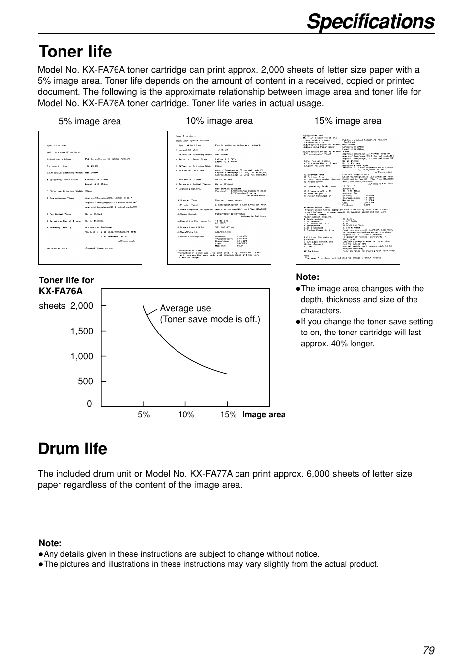 Specifications, Drum life, Toner life | Panasonic KX-FL501C User Manual | Page 79 / 82