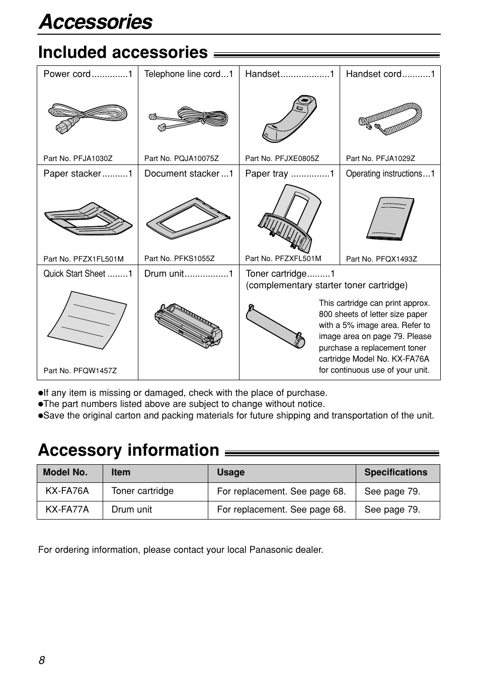 Initial preparation, Accessories, Included accessories | Accessory information | Panasonic KX-FL501C User Manual | Page 8 / 82