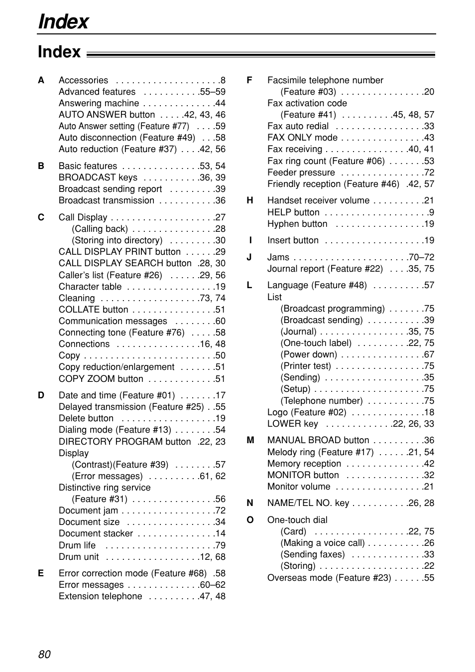 Index | Panasonic KX-FL501C User Manual | Page 80 / 82