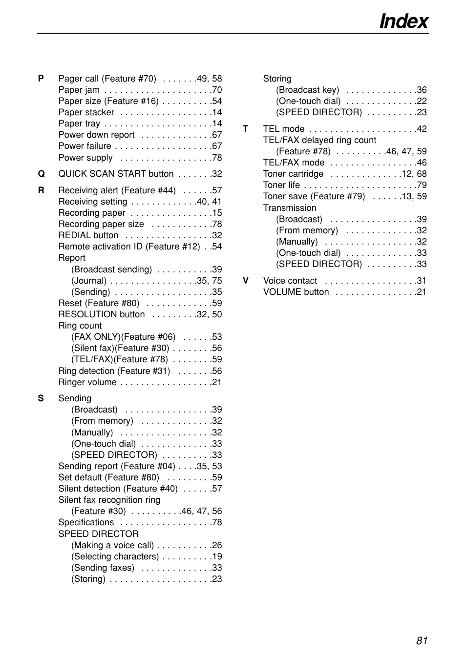 Index | Panasonic KX-FL501C User Manual | Page 81 / 82