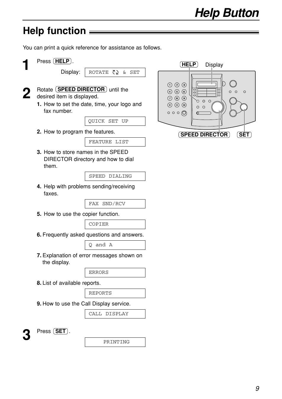 Help button, Help function | Panasonic KX-FL501C User Manual | Page 9 / 82