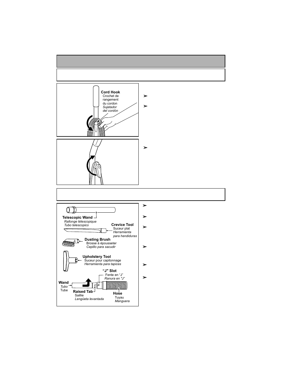 Features, Using cord hook, Tool storage | Panasonic MC-V7319 User Manual | Page 14 / 52