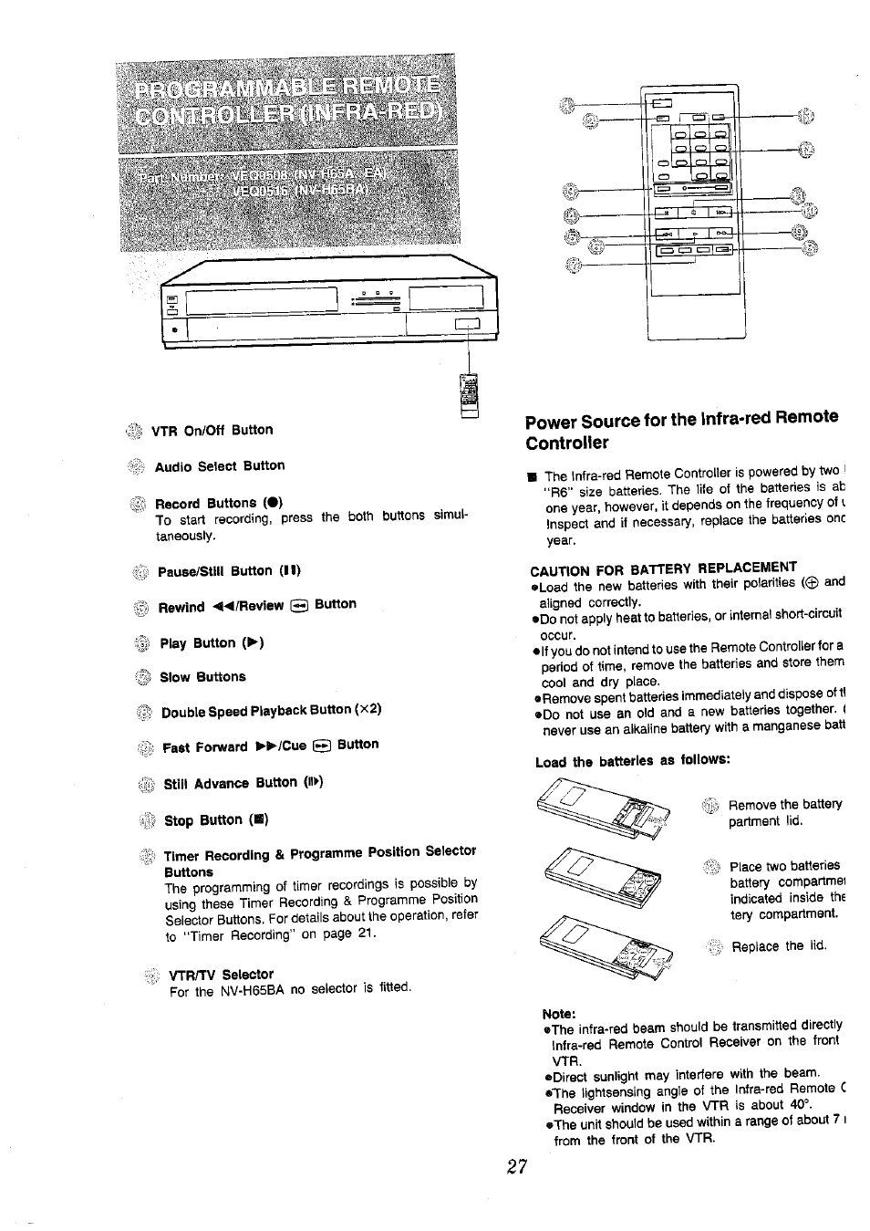Audio select button record buttons (#), Pause^suii button (ii), Rewind «irev\ew @ button play button (>■) | Slow buttons, Double speed playback button (x2), Stop button (h), Vtr/tv selector, Power source for the infra-red remote controller, Caution for battery replacement, Load the batteries as follows | Panasonic NV-H65 Series User Manual | Page 27 / 32