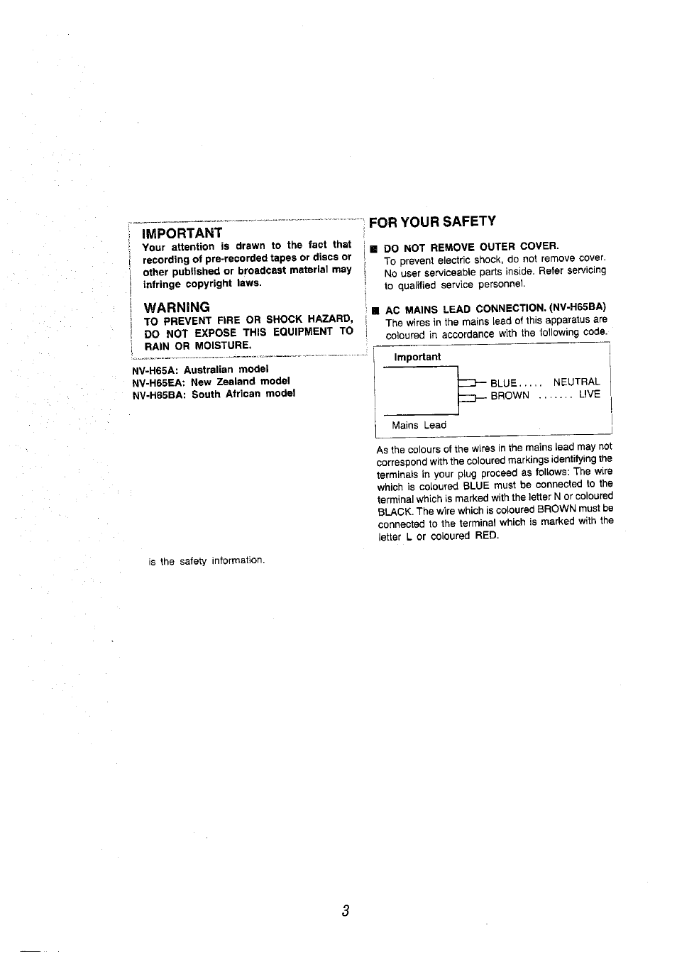 Important, Warning, For your safety | Panasonic NV-H65 Series User Manual | Page 3 / 32