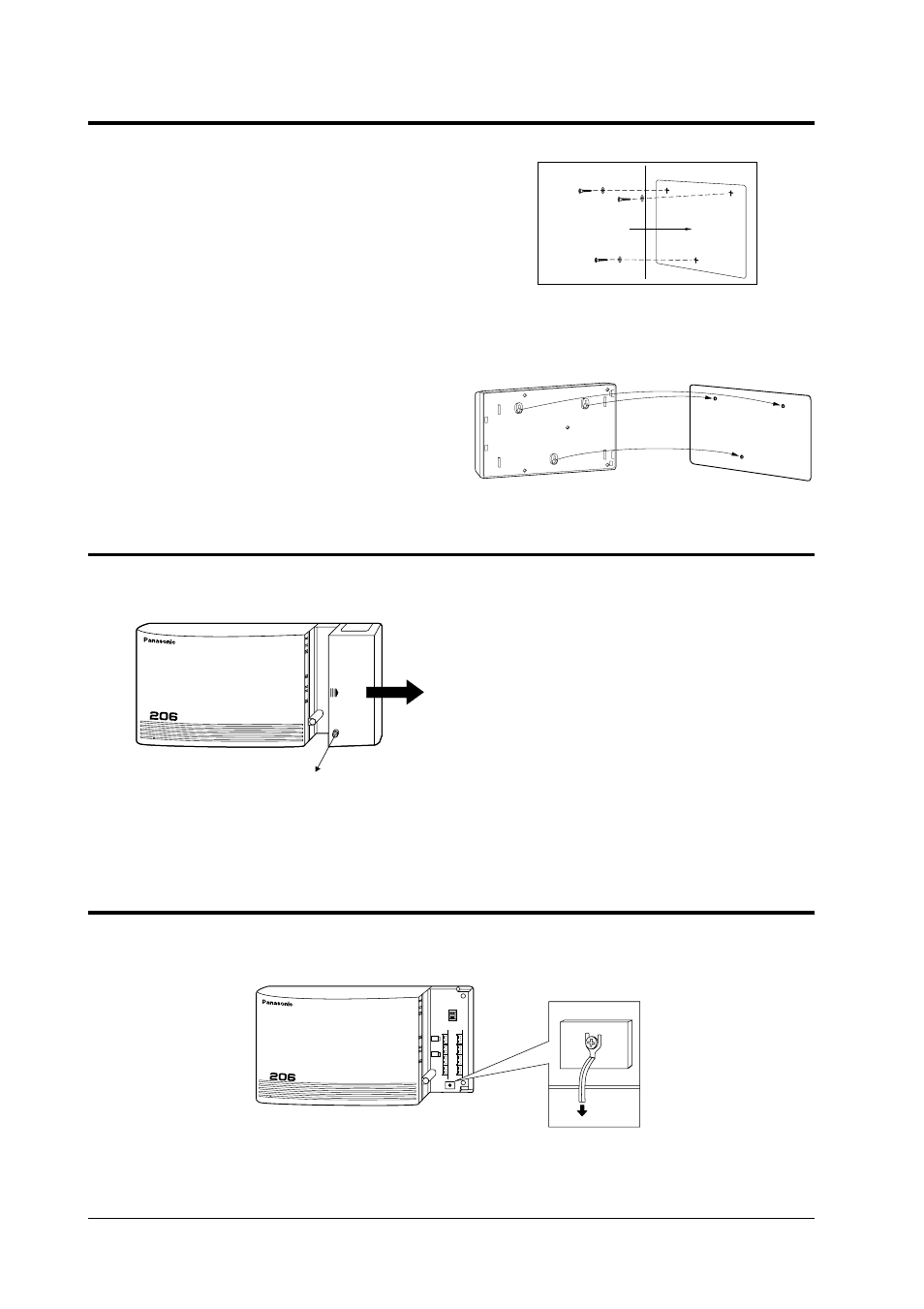 Opening front cover frame ground connection, Wall mounting | Panasonic KX-T206E User Manual | Page 10 / 40