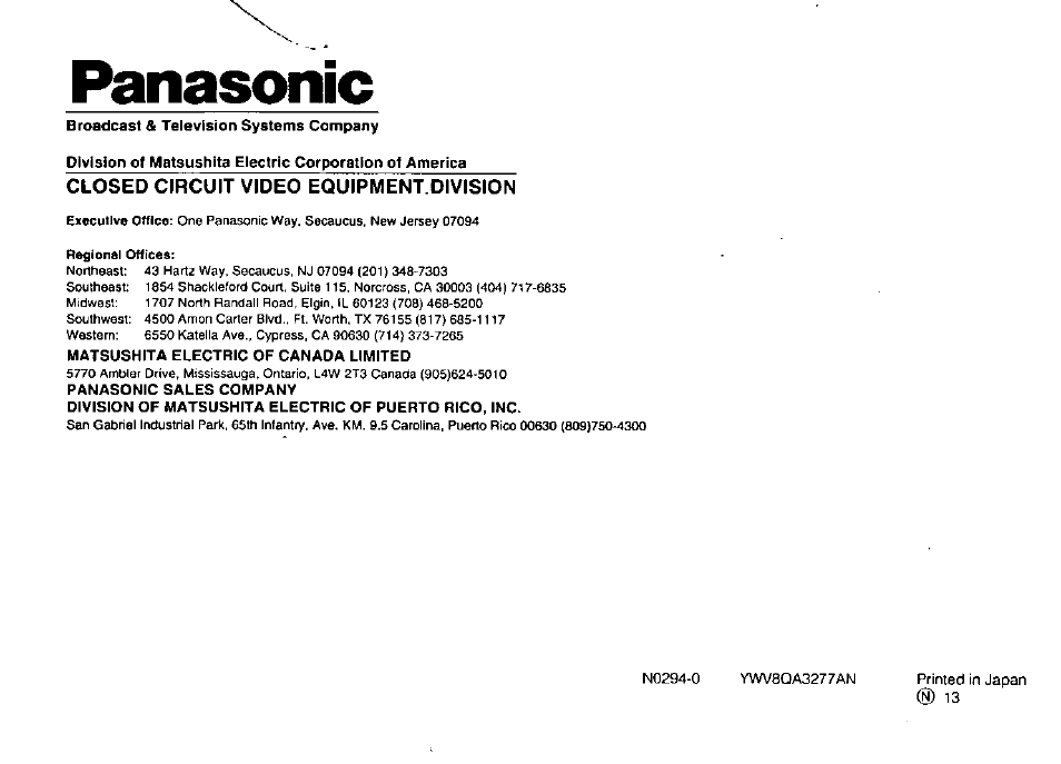 Panasonic, Closed circuit video equipment.division | Panasonic WV-BP70 User Manual | Page 18 / 18