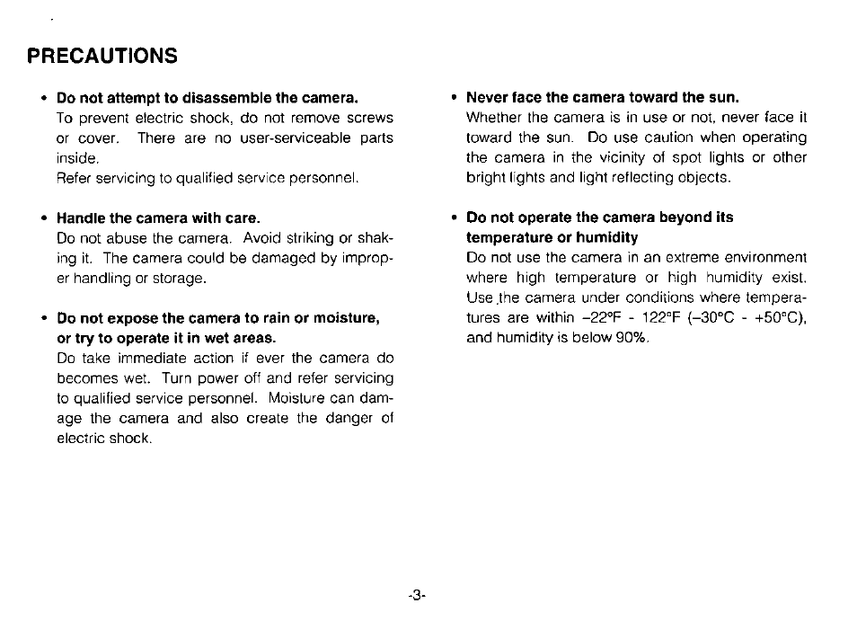 Do not attempt to disassemble the camera, Never face the camera toward the sun, Handle the camera with care | Panasonic WV-BP70 User Manual | Page 5 / 18